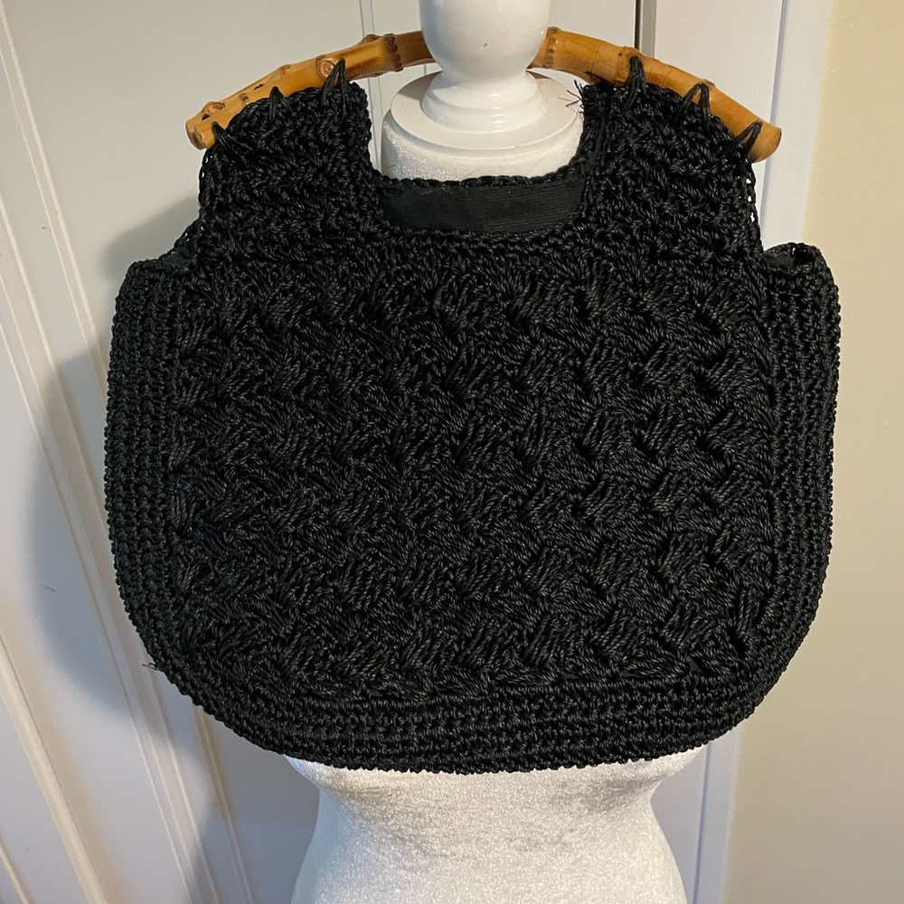 VINTAGE Black Woven Handbag with Bamboo Handles